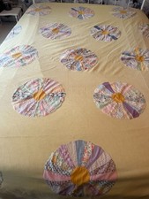 Vintage 30's Dresden Plate Feedsack Quilt Coverlet Top Yellow Hand Stitch 99x81