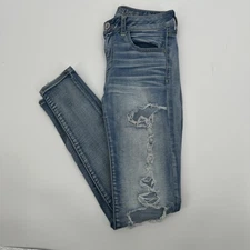 American Eagle Jegging Womens 6 Blue Super Stretch Distressed Ripped Jeans Denim