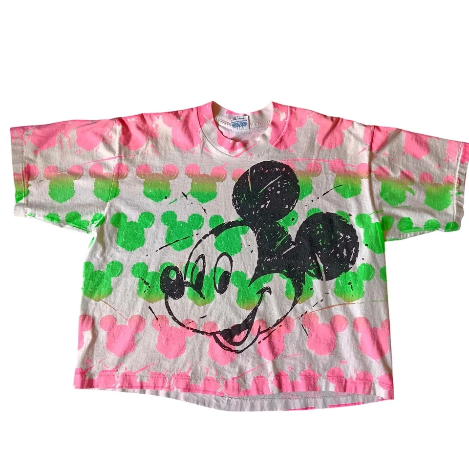 Camiseta De Colección Puntada Única Personaje Disney Modas Mickey Mouse Salpicadura de Neón Foto 3 de 4