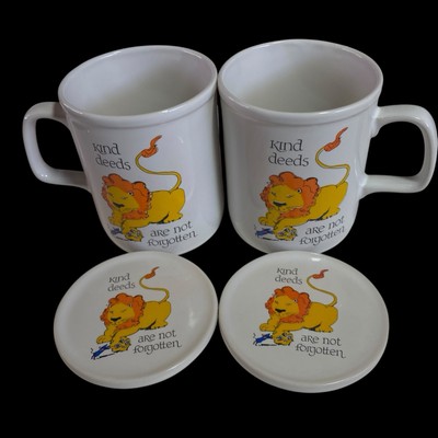 Vintage Japan Lion Mouse Kind Deeds Coffee Mug Lid Set Dry Footed 70s Cute Gift