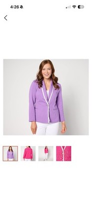Susan Graver Weekend Marina Knit Bracelet Sleeve Tipped Blazer Lilac/White Med. 