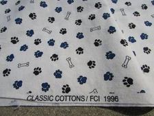 Cotton Classics FCI 1996 Ivory Blue Black Paw Print Bones Quilt Fabric 1 Yard