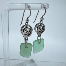 Vintage Sterling Silver Green Sea Glass Spiral Dangle Earrings Artisan 5g