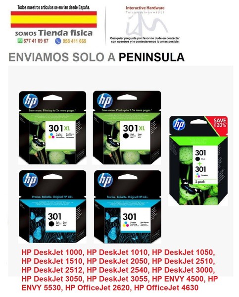 Cartucho de Tinta Original HP Nº 301 - 301XL (NEGRO - COLOR - PACK 2 UNID.)