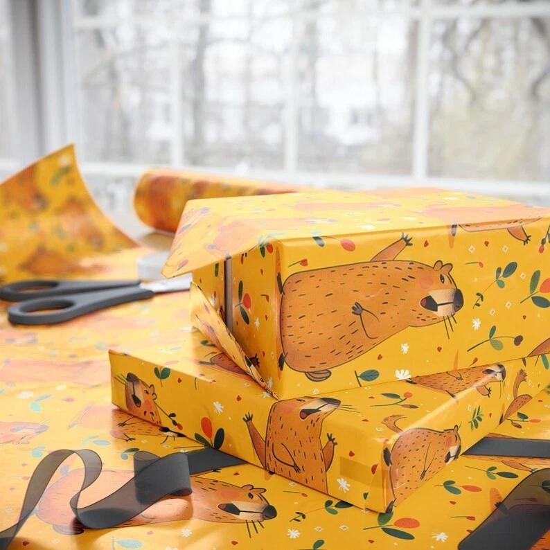 Funny Capybara Yellow Wrapping Paper, Cute Animal Gift Wrap for Kids Birthday - Image 3 of 4