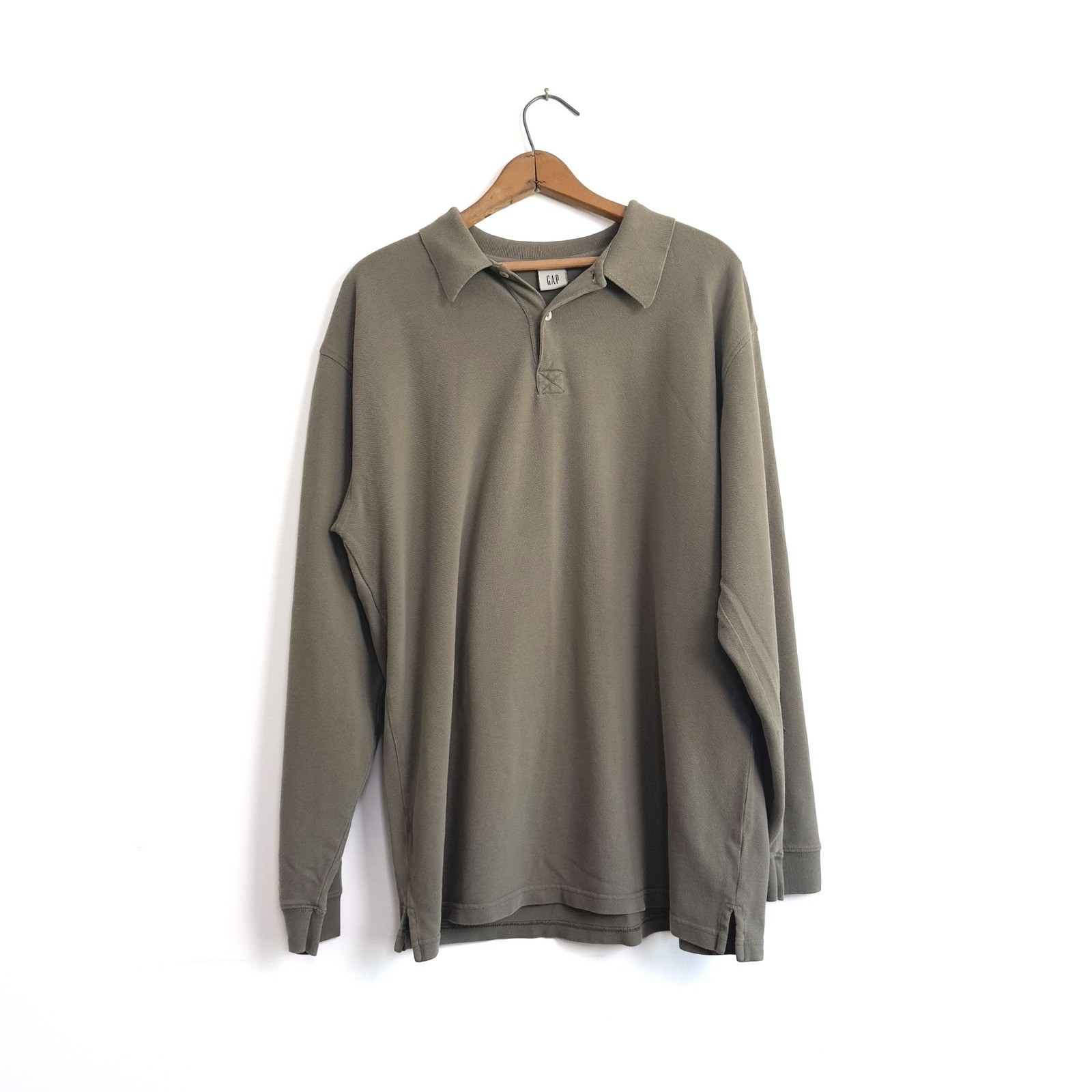 Vintage GAP Mens Long Sleeve Polo Shirt Olive Green Casual Henley Size XL