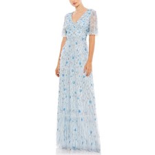 Mac Duggal 35110 Flutter Sleeve Floral Gown Size 4 NWT Floral Sequin Blue