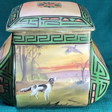 ART DECO Antique NIPPON Hand Painted HUNTING DOG SCENES Tobacco JAR HUMIDOR