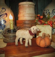 Primitive 3"  Grungy Wooly Sheep w/ Bell Figurine Fluffy Lamb German Style Ornie
