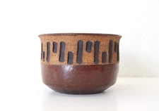 Vtg. Mid-Century Modern Etched Stoneware Planter Bowl Pot Textured Brown Pottery
