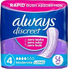 Always Discreet Incontinence Pads for Women Moderate Absorbency Long 54 Ct