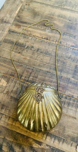 Antique Copper Deco Clam Shell Purse W/Chain Strap velvet Lined Vintage