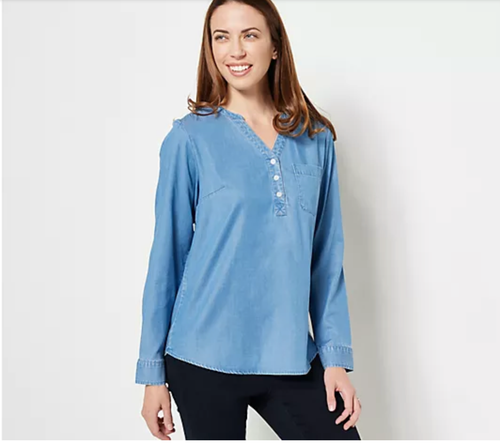 Denim & Co. Light Wash M Stretch Y-Neck Long-Sleeve Blouse A469426