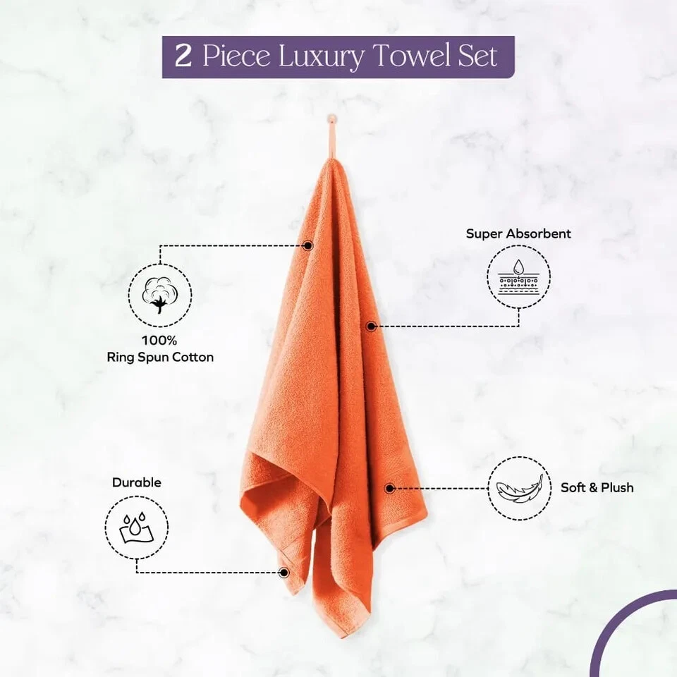 Paquete de 2 toallas de baño naranja de lujo peinado algodón 27x54 pulgadas 500 GSM Foto 2 de 2