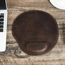 Mouse Pad with Wrist Rest Ergonomic Design Premium Crazy Horse Leather Coffee