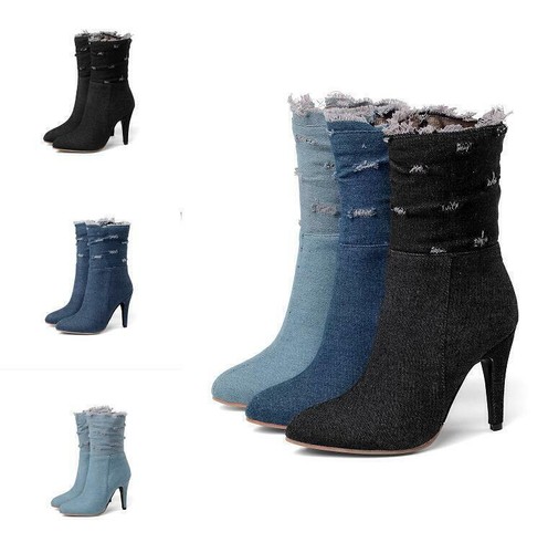 Ladies Women Pointed Toe High Heel Denim Fabric Ankle Boots Casual Zip Up Shoes