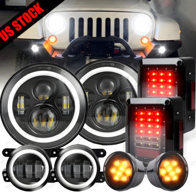 For Jeep Wrangler JK 7'' Halo LED Headlights Tail Lights Fog Turn Lamps Combo Kit