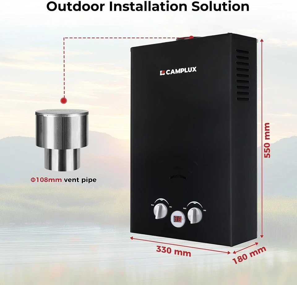 CAMPLUX Tankless Propane Gas Hot Water Heater 10L Instant with Rain Cap Shower - Image 3 of 4