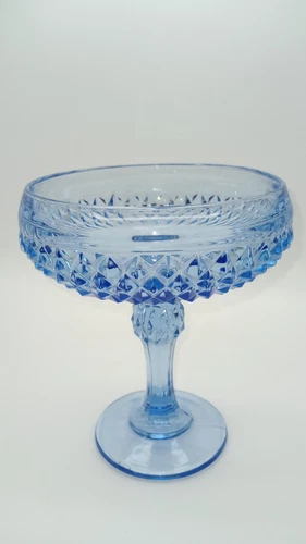 Vintage Blue Diamond Pattern Glass Serving Dish 7 3/8" Tall Candy Nut Bowl