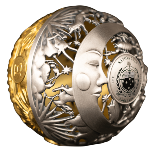 2024 Samoa Filigree Sun and Moon 2 oz Silver Antiqued Gilded Spherical Coin - Afbeelding 1 van 5