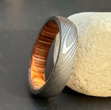 Damascus Steel  Whiskey Barrel Wood Wedding Band - Unique Gift for Him