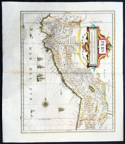 1639 Jan Jansson Original Antique Map of Peru, South America - Spanish Invasion - Afbeelding 1 van 4