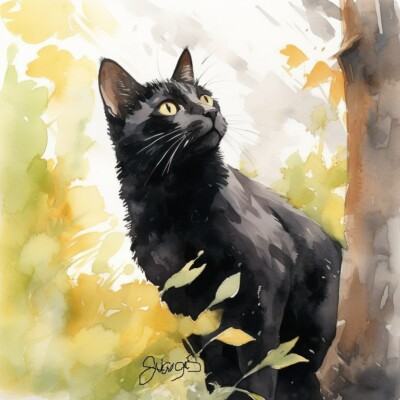 Watercolor Black Cat Painting Art Print 8x11 inches | eBay