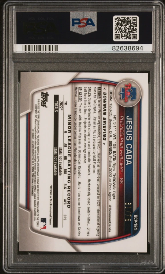 2023 BOWMAN CHROME PROSPECTS #BCP164 JESUS CABA  /75 PSA 10 YLW/ORANGE VAPOR - Image 2 of 2