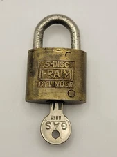 Vtg FRAIM Padlock Antique Lock w/working Key 5 disc old tool box chest trunk