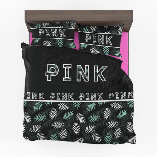 VS Pink Pattern with Green and White Palm Leaves Quilt Duvet Cover Set