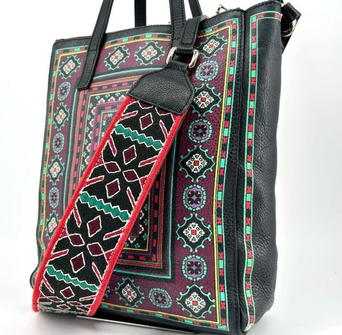 ETRO Western Print Leather Shopping Tote Bag with Embroidered Shoulder Strap