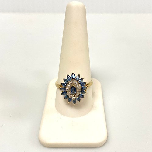 v052 Vintage 14K Yellow Gold Blue Sapphire White Diamond .12cts Ring Size 10.25 - Picture 4 of 8