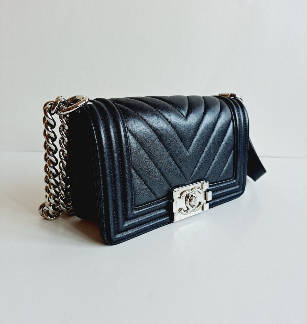 Chanel Calfskin Chevron Quilted Small Black Boy F… - image 3