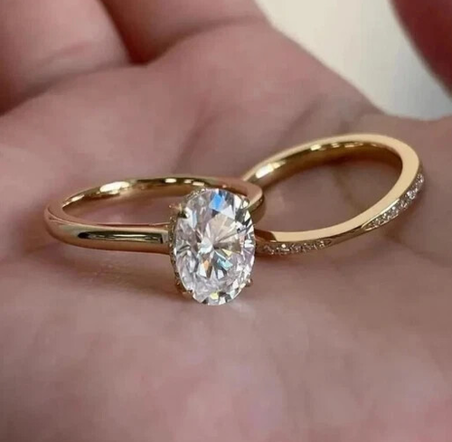 2,80 kt ovaler VVS1 Moissanit Braut Verlobungsring Set 14 K Gelbgold vergoldet - Bild 1 von 10