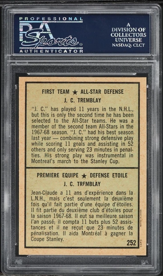 1971 O-Pee-Chee Hockey #252 J.C. Tremblay ALL-STAR - Montreal Canadiens PSA 7 NM - Image 2 of 3