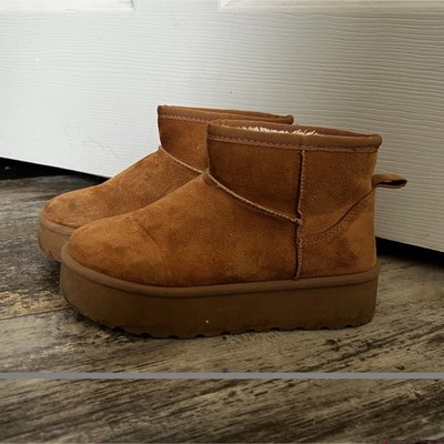 Girls Brown Suede Ankle Bootie with Faux Fur Lining, Platform Sole