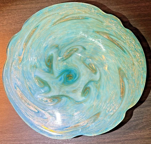 Beautiful Vintage Large Murano Art Glass Bowl Sea Green, Blue & Gold