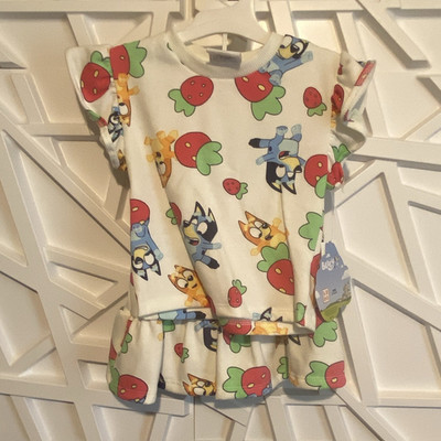 Bluey Girls 18M Fit & Flare Knee Dress Cotton Knit Puff Sleeve Pullover