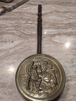 Vintage England Embossed Brass Bed Warmer With Wood Handle 