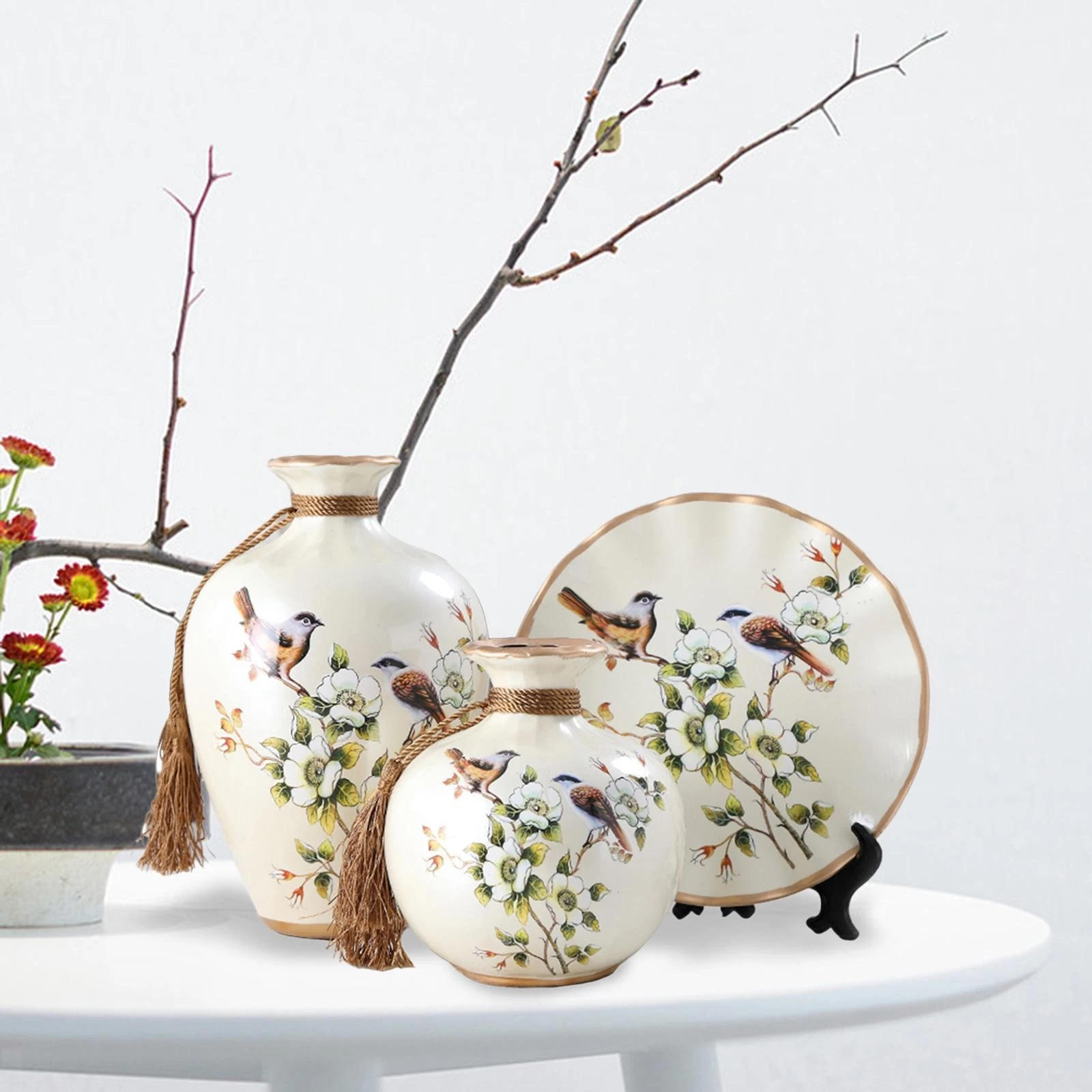 3x Chinese Classical Ceramic Vases Bird Decor Tabletop Vase Bouquet Holder