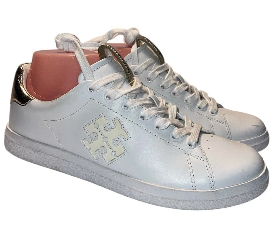 TORY BURCH Women’s Sz 8 Double T Howell Court Sneaker Tennis Shoe White & Gold - Image 3 of 4
