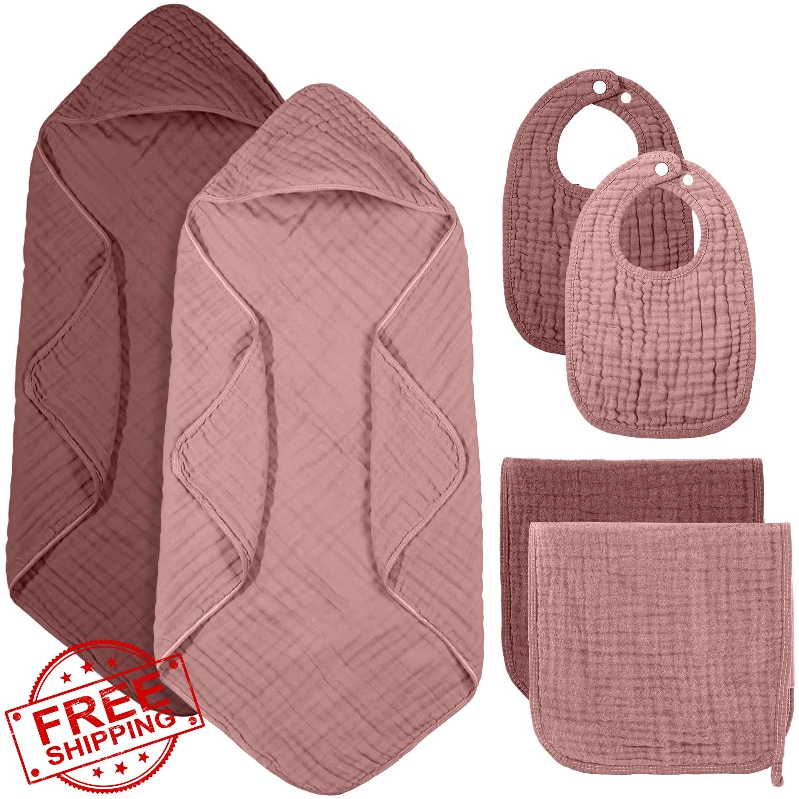 Hahafelt Muslin Towels Bibs Set Dusty Rose Deep Rose