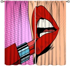 Lips Curtains, Comic Pop Art Girl Applying Red Lipstick Makeup Concept Halfto...