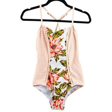 Kona Sol High Coverage One Piece Swimsuit Low Back Floral Striped Pink White M