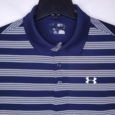 Under Armour Polo Shirt Mens Medium Striped Navy, White Loose HeatGear Perform