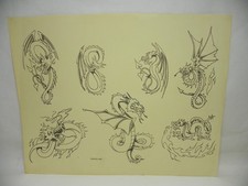 Vintage 1982 Guideline tattoo supply "Many dragons" tattoo flash. Good condition