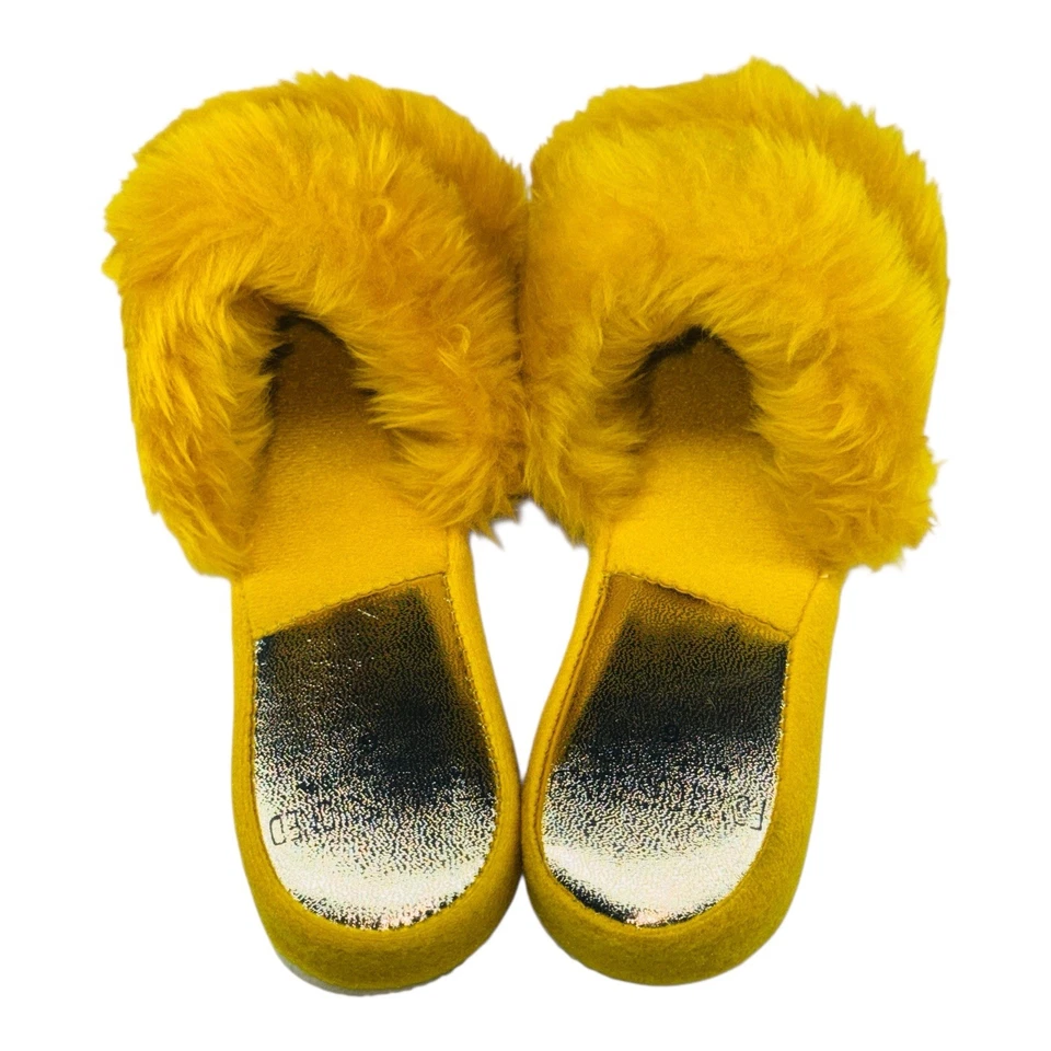 Vintage Womens Sleepycore Cozy Yellow Faux Fur House Slippers Indoor Mule Slides - Image 3 of 4