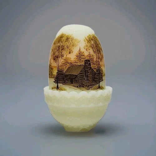 Fenton Custard Uranium Glass Fairy Lamp Wood Cabin Artist Dane Frederick Vintage