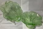 2 Vtg Indiana Green Depression Glass Pebble Leaf Twiggy Uranium Vaseline Spring