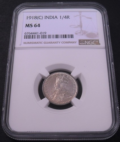 1918 (C) India 1/4 Rupee , NGC MS64 , nice silver coin # 1705, #52-13